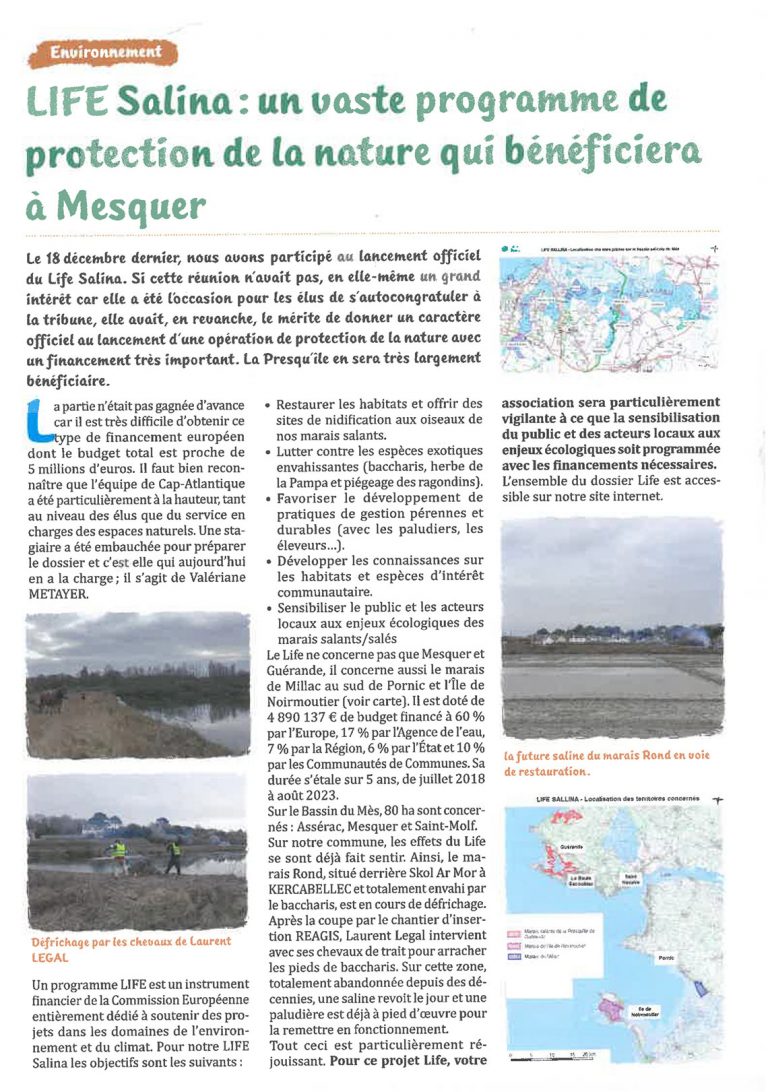 Bulletin d'information des Amis des sites de Mesquer - LIFE SALLINA sur la commune de Mesquer