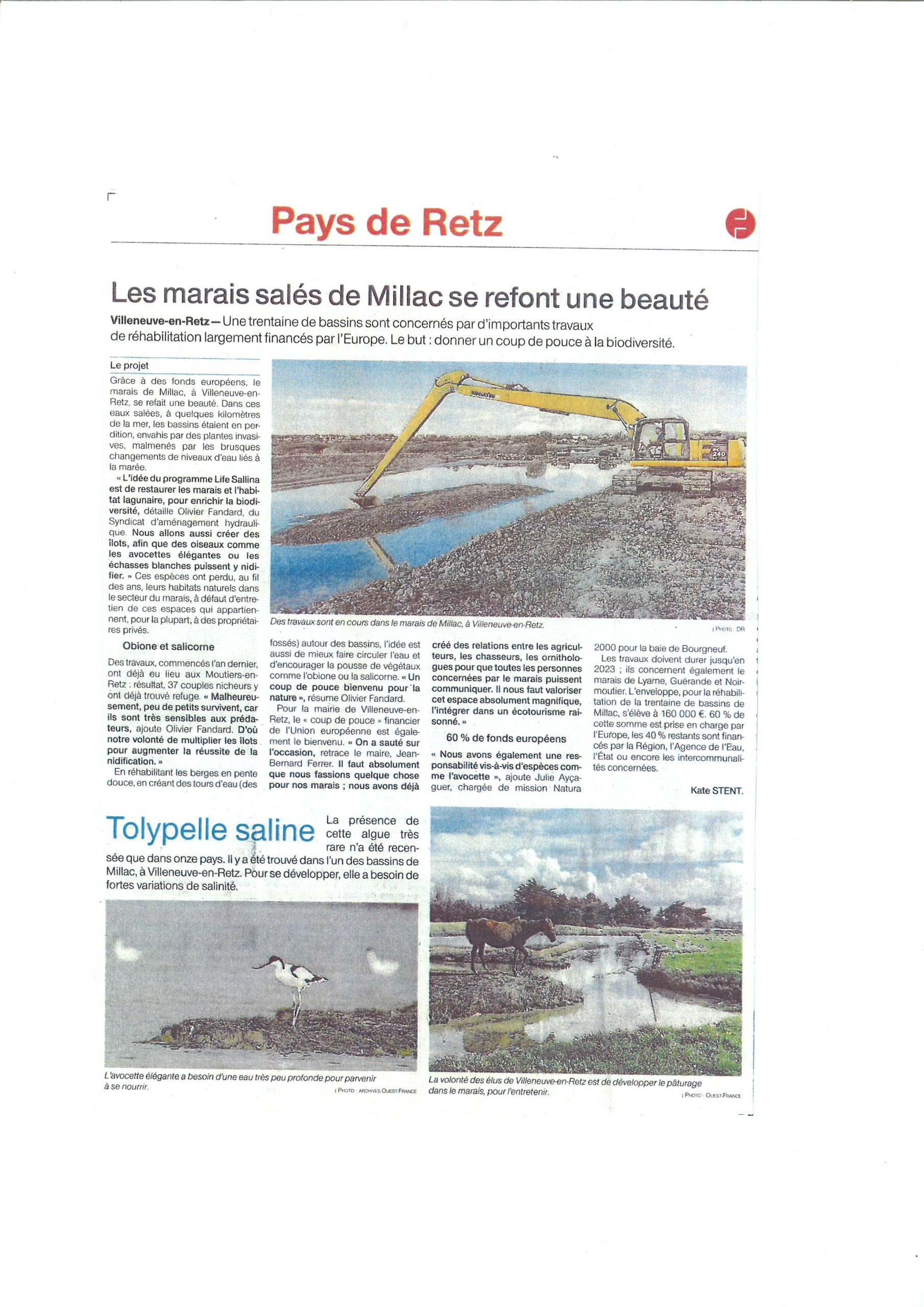 Ouest France - travaux dans le marais de Millac 2020