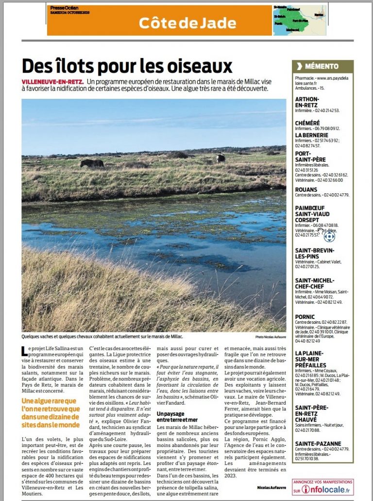 Presse Océan Travaux 2020 sur le marais de Millac